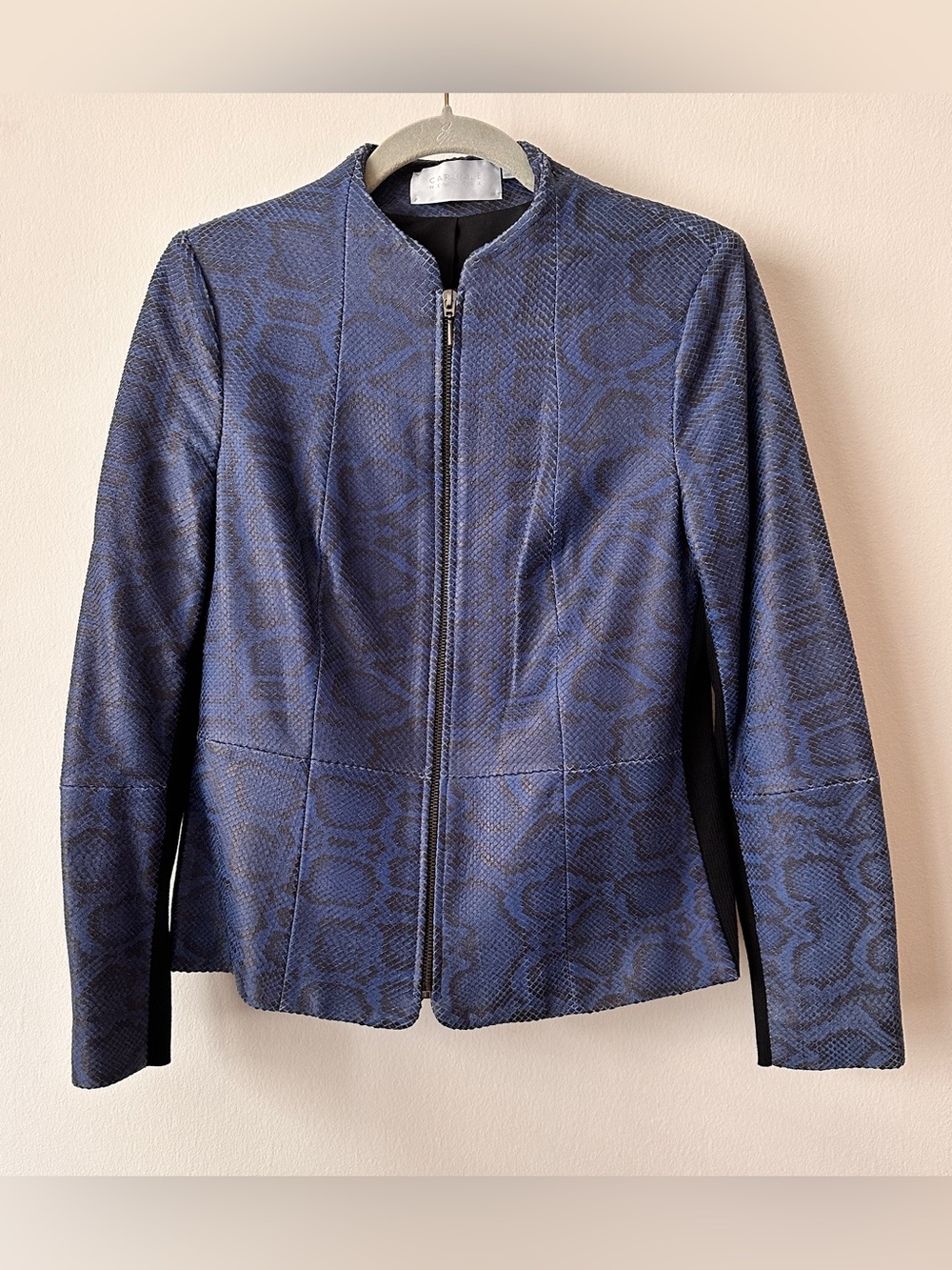 Carlisle Navy Blue Snake Print Patterned Zip-Front Leather Jacket